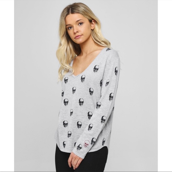 Skull Cashmere Tops - Skull Cashmere Aya Skull Print Long Sleeve Shirt Size Medium